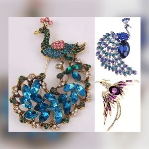 Vintage Jeweled Peacock & Phoenix Brooch Bundle - Blue & Purple Crystal Pins Lot
